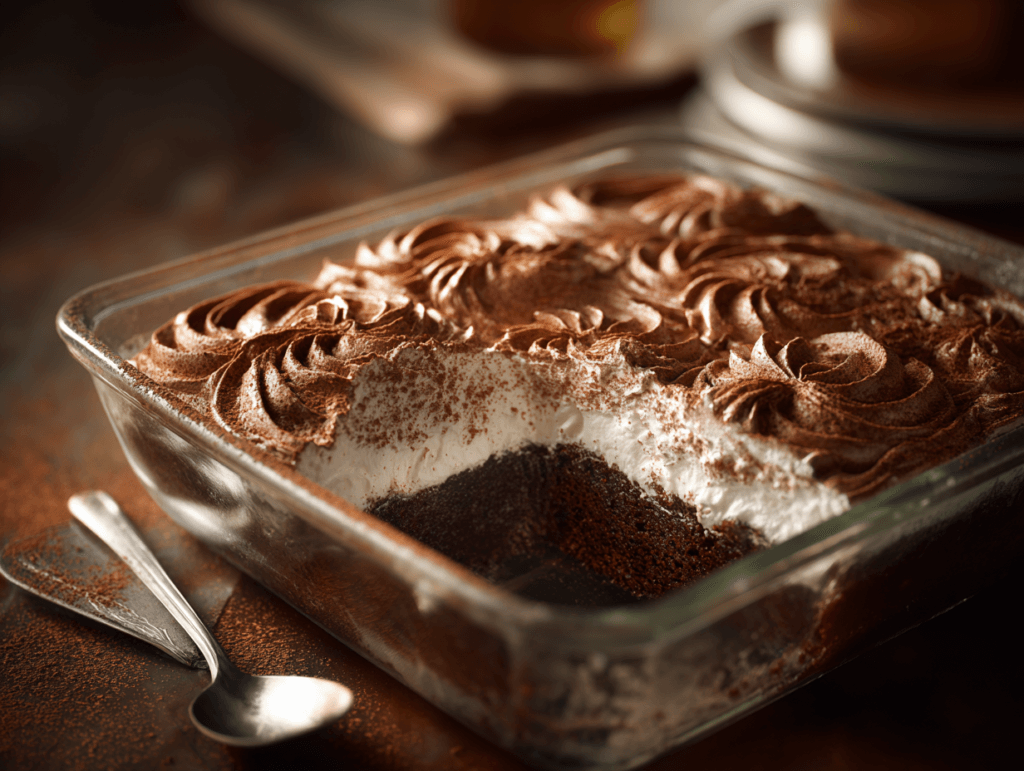 tres leche chocolate cake recipe in a 9x13 pan with chocolate whipped cream