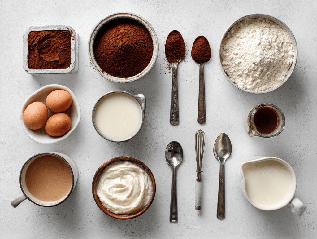 ingredients for tres leche chocolate cake recipe including cocoa and three milks