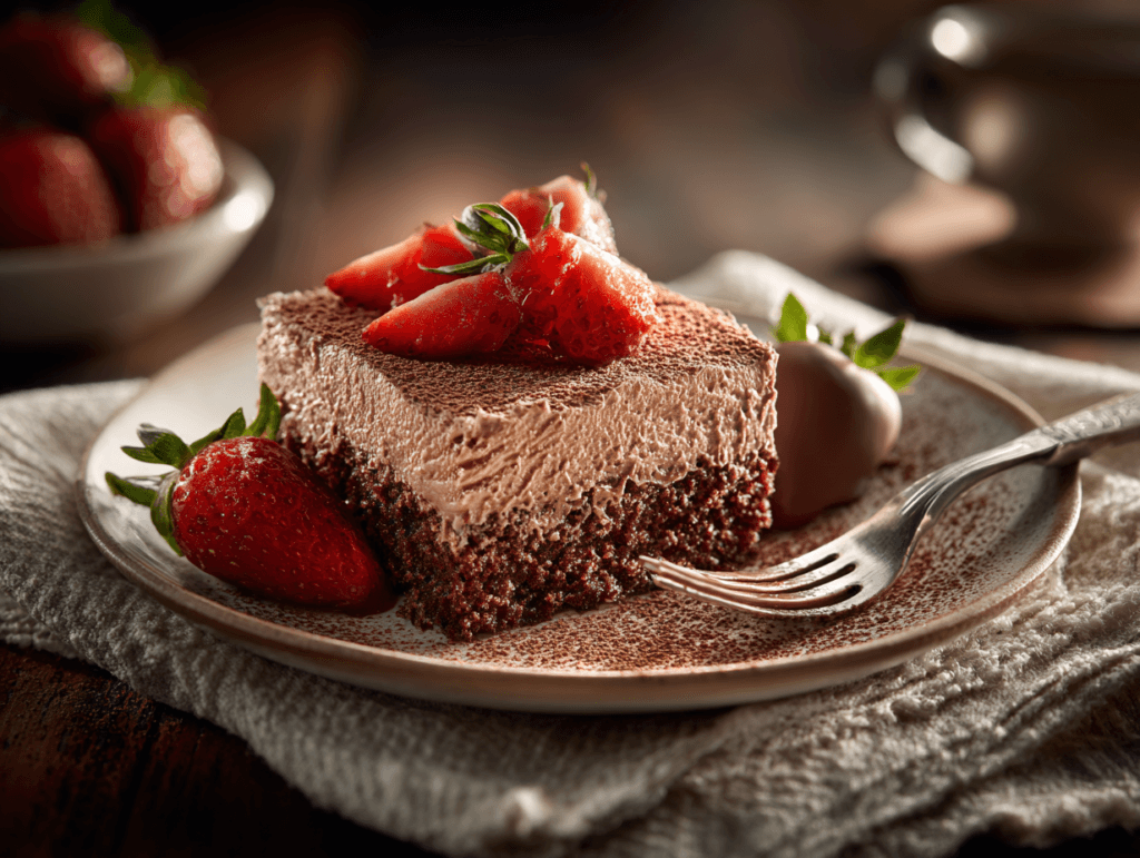 serving slice of tres leche chocolate cake recipe with cocoa dust