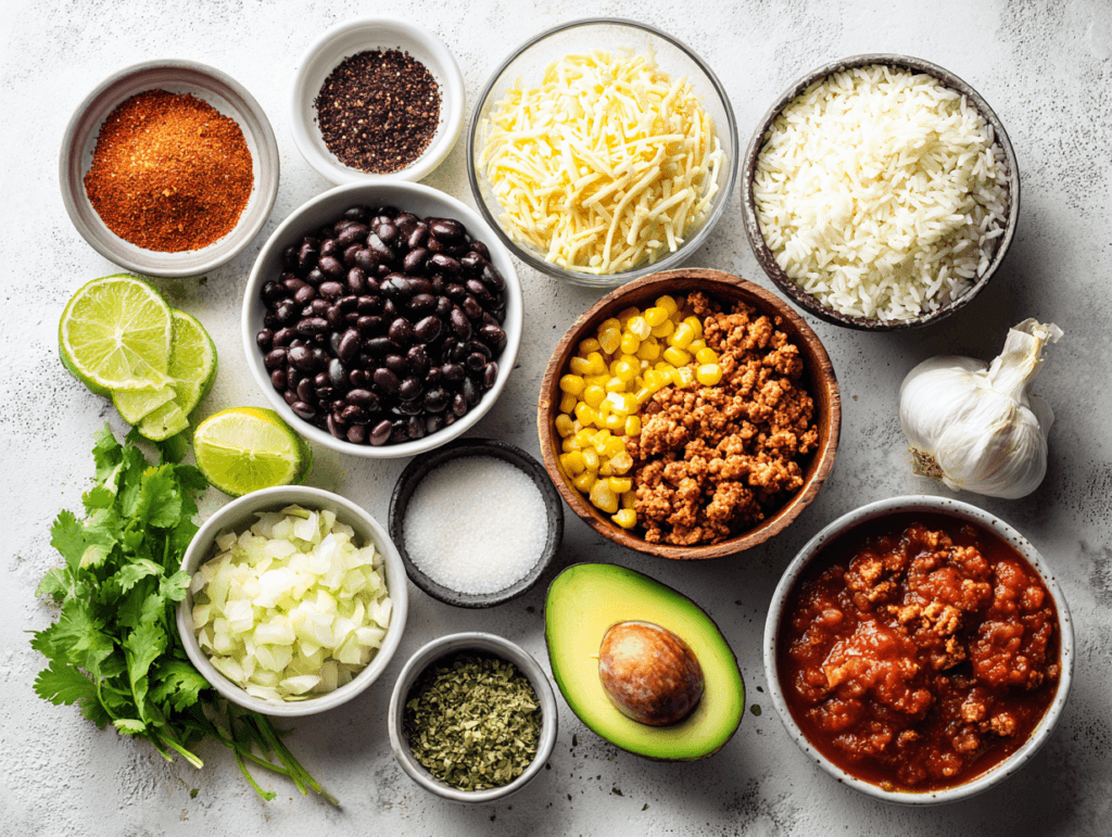 Turkey Taco Rice Bowls: Delicious, Fast Weeknight Dinner 2 Ingredients for Turkey Taco Rice Bowls laid out overhead