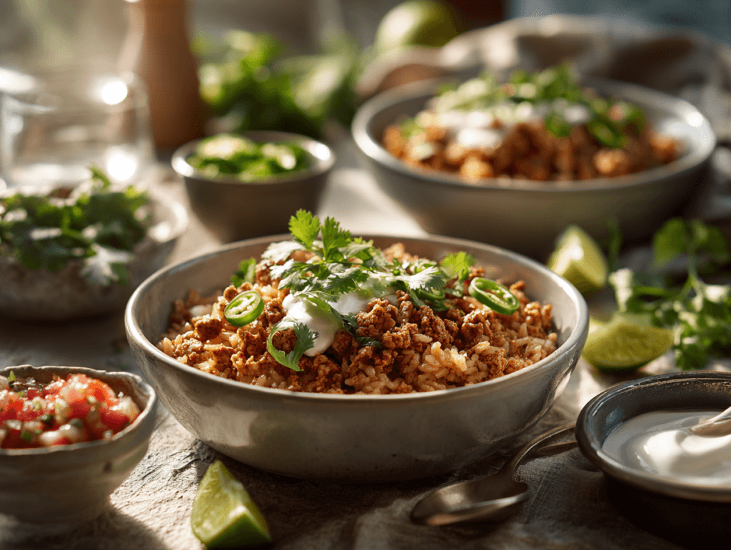 Turkey Taco Rice Bowls: Delicious, Fast Weeknight Dinner 3 Turkey Taco Rice Bowls served family-style with toppings