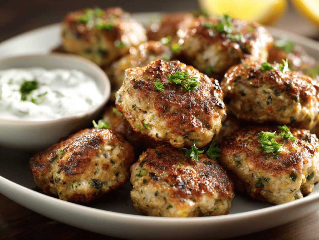 turkey zucchini meatballs plated with yogurt sauce