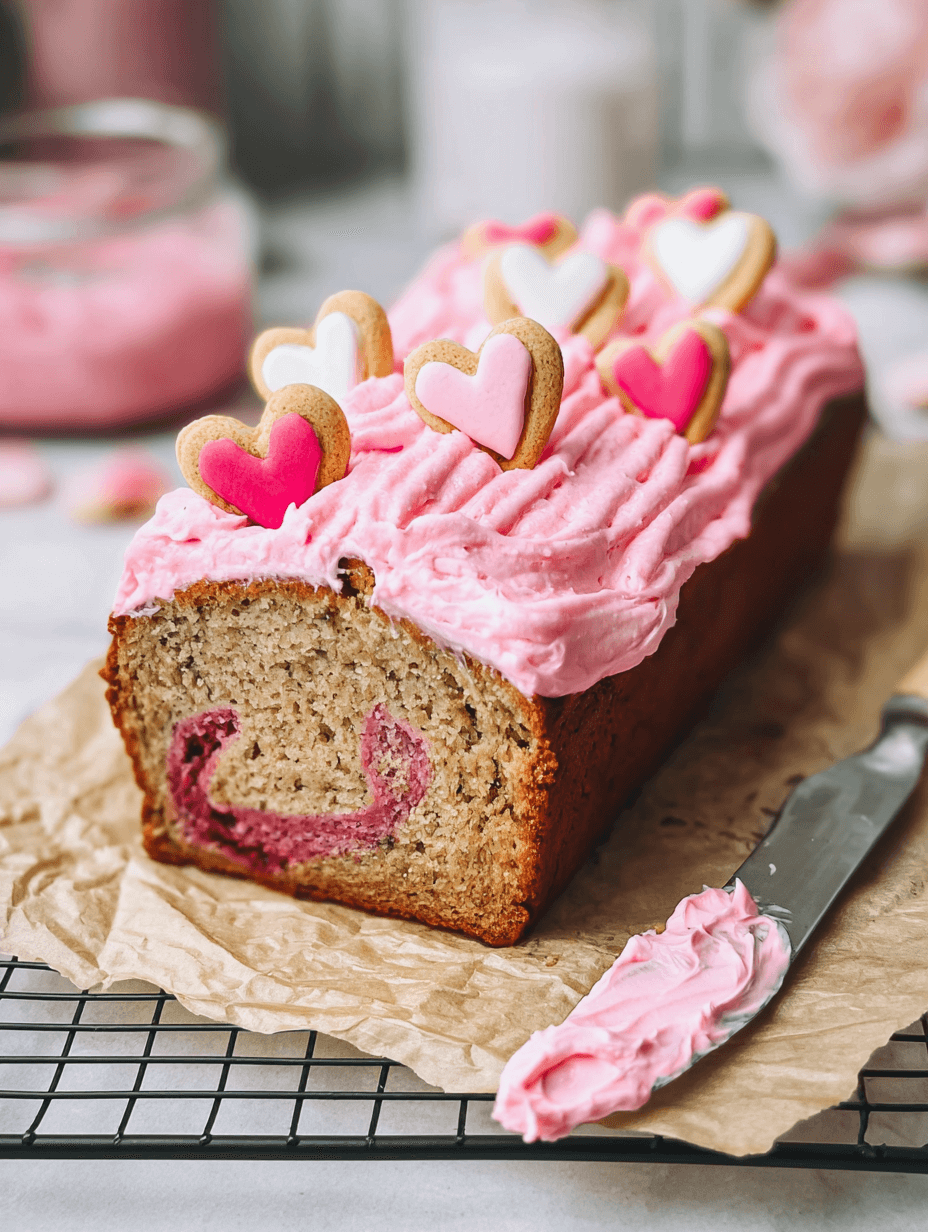 valentines-day-banana-bread-heart-slice-iphone Valentine’s Day Banana Bread with pink heart swirl and frosting