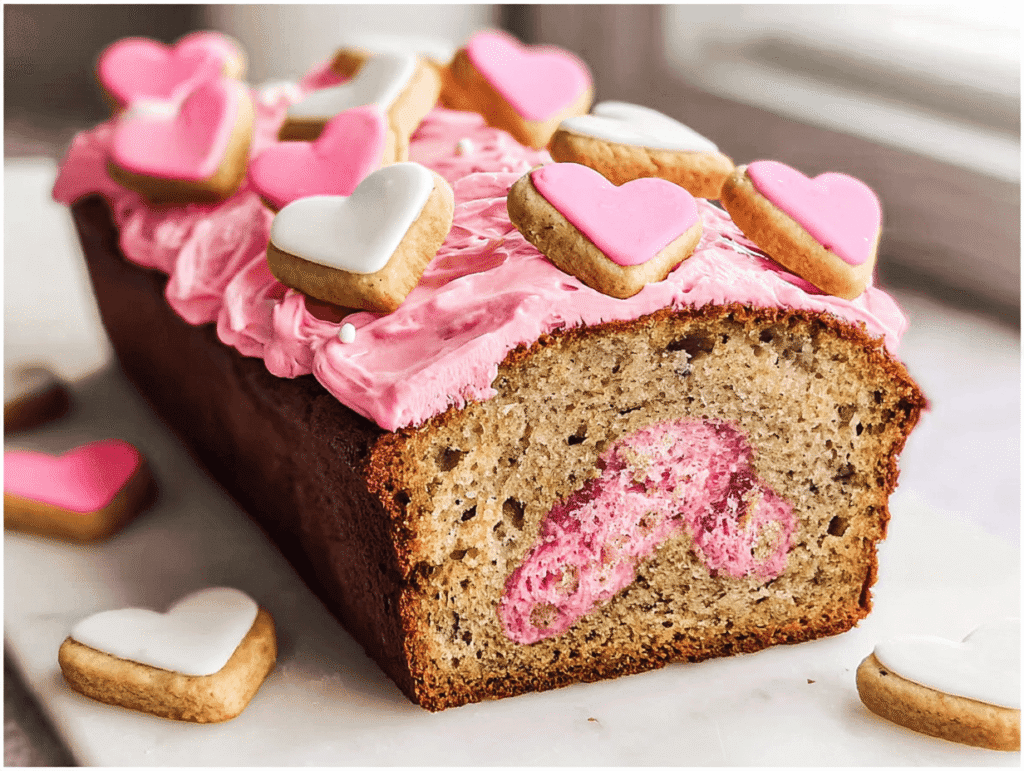Valentine’s Day Banana Bread topped with pink frosting and heart cookies