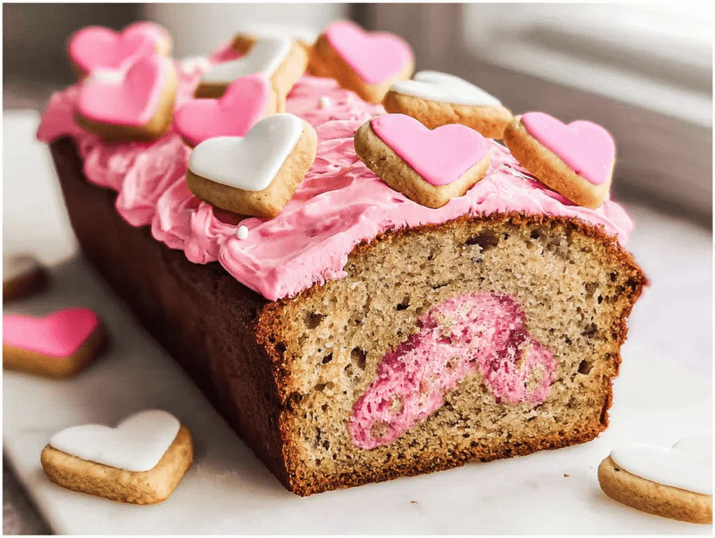 Valentine’s Day Banana Bread topped with pink frosting and heart cookies