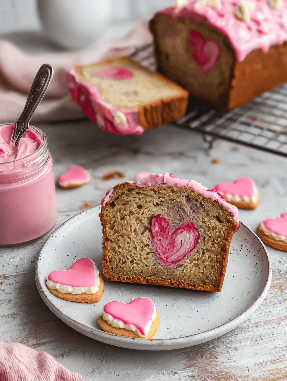 valentines-day-banana-bread-serving-love-cookies Sliced Valentine’s Day Banana Bread with pink heart swirl and frosting