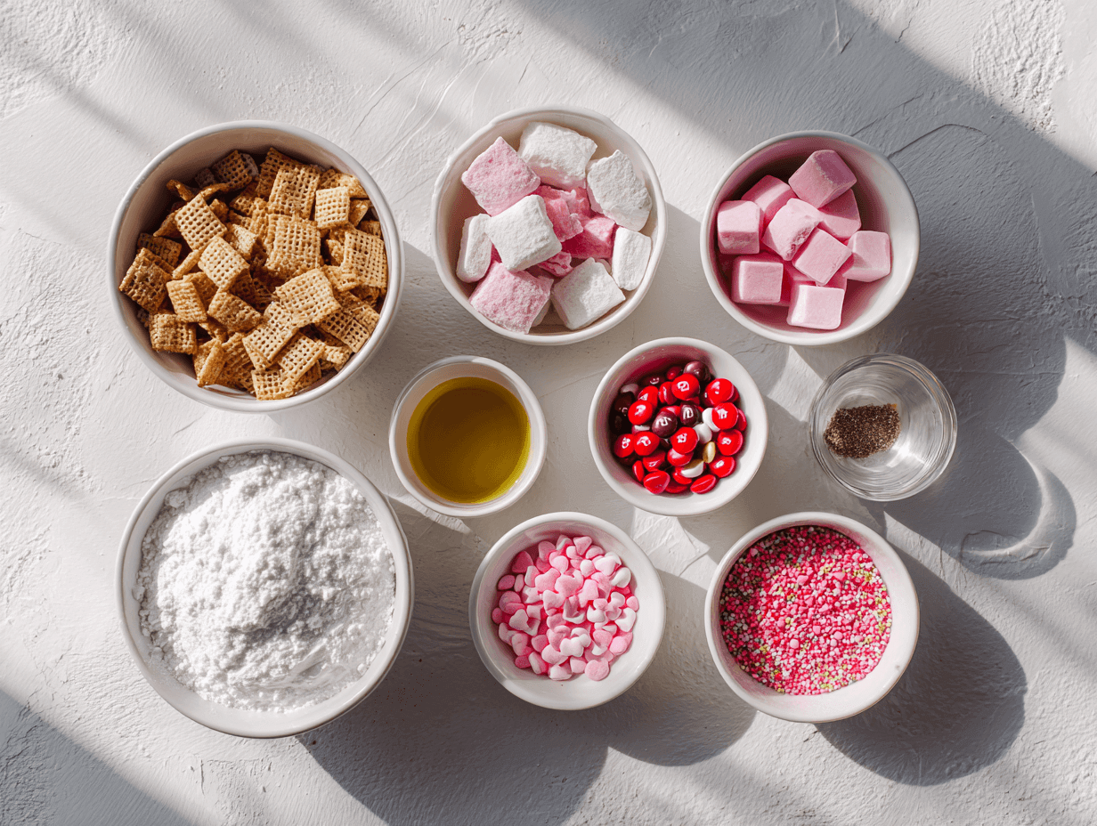 Valentine’s Day muddy buddies ingredients including Chex cereal, powdered sugar, candy melts, M&M’s, oil, and sprinkles