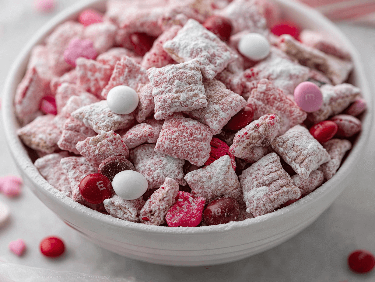 Valentine’s Day muddy buddies made with Chex cereal, pink candy melts, powdered sugar, and Valentine’s M&M’s