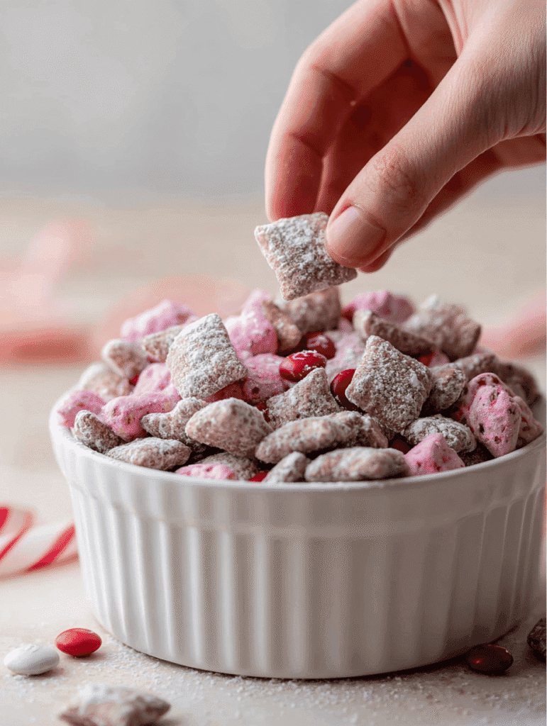 Hand grabbing Valentine’s Day muddy buddies from a bowl with pink candy melts and powdered sugar