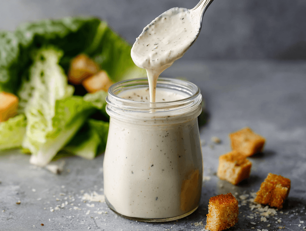 vegan caesar dressing recipe top view with pepper and croutons