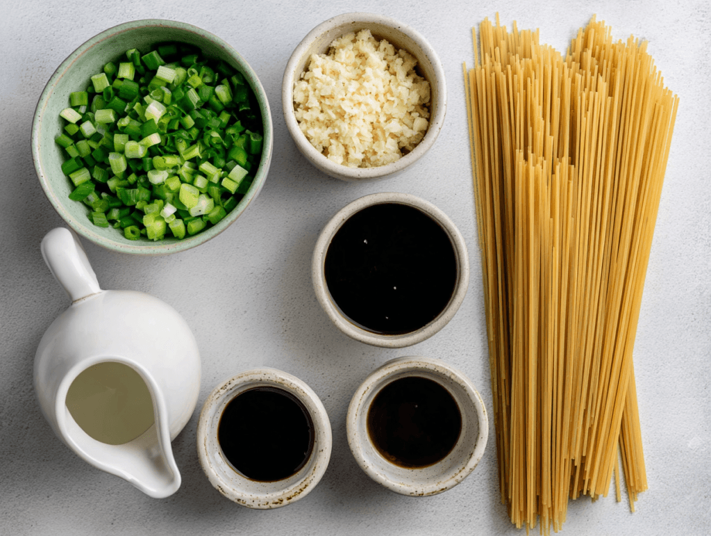 Flat lay of ingredients for vegan garlic noodles including green onions, garlic, coconut milk, soy sauce, and dry pasta