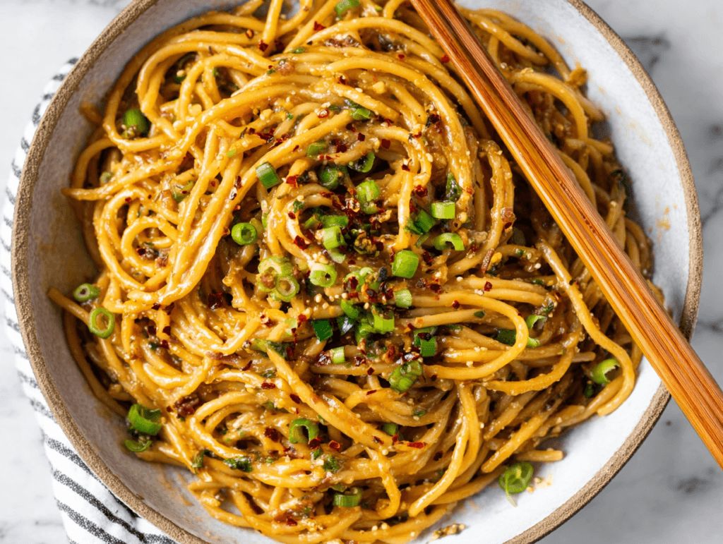 Vegan garlic noodles served in a bowl with green onions and chopsticks