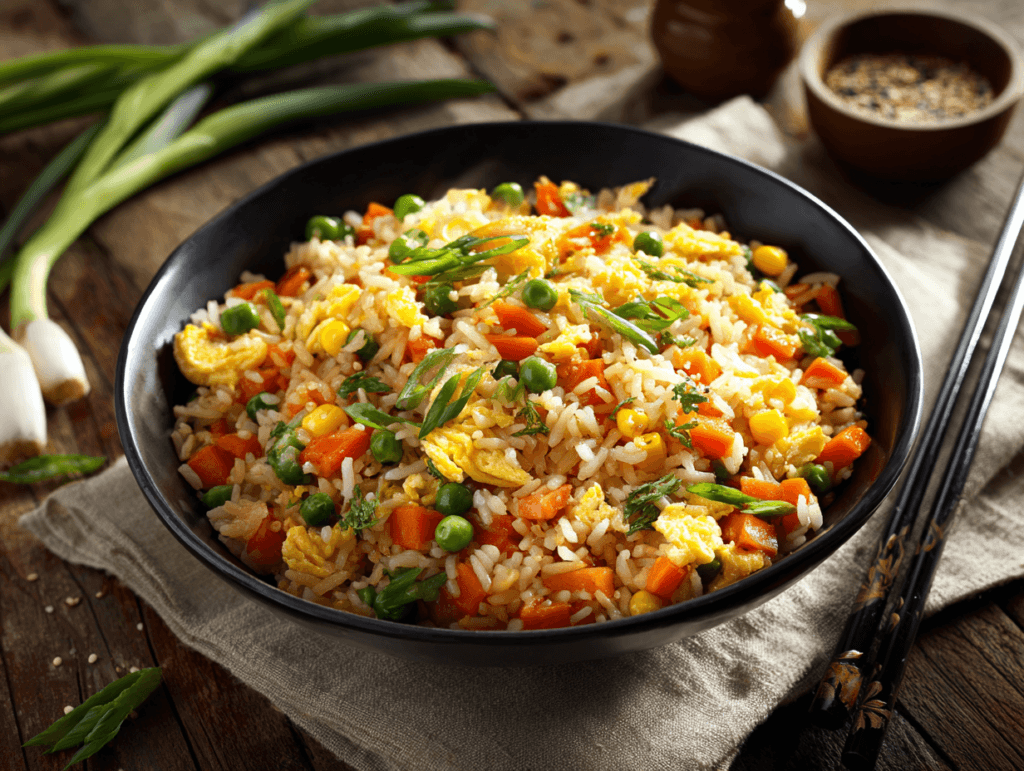 Veggie fried rice with egg in a bowl with colorful vegetables