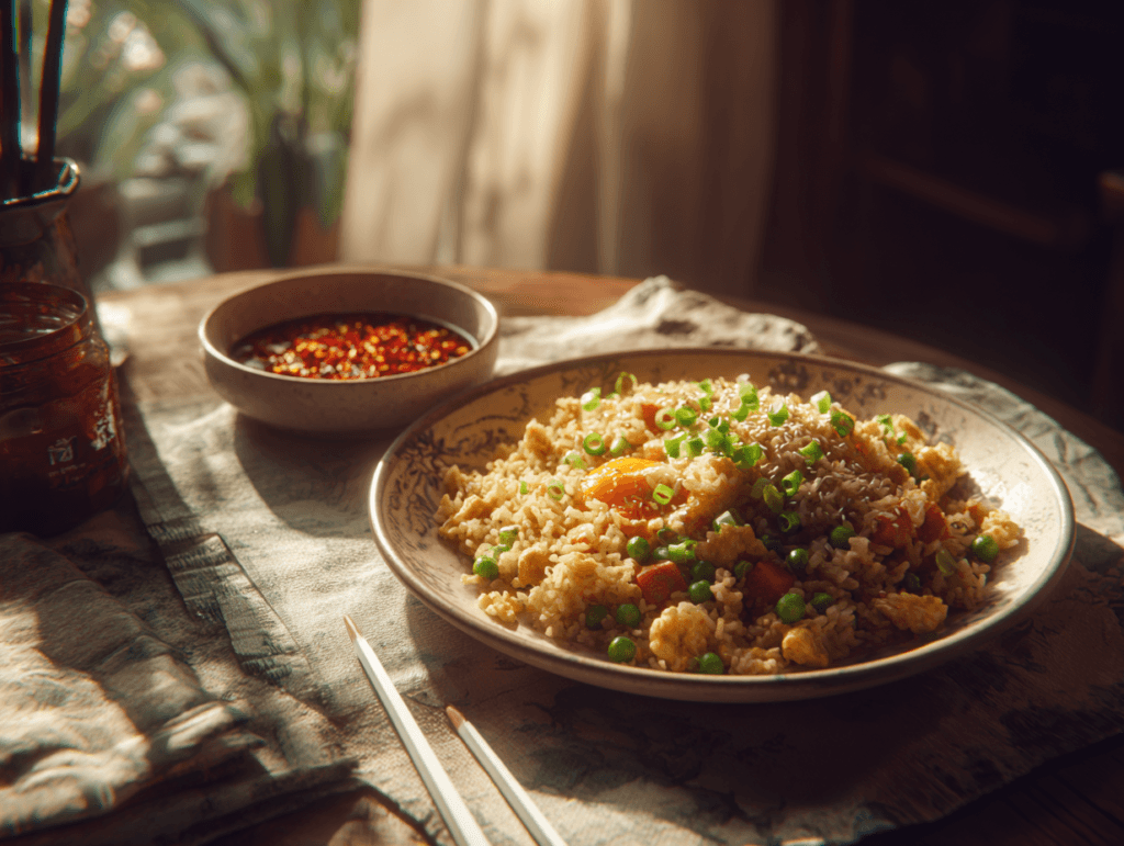 Served veggie fried rice with egg topped with green onions