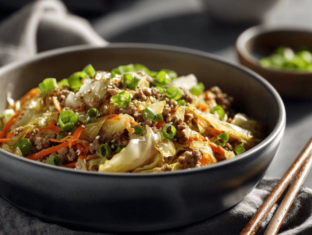 Veggie-Packed Egg Roll in a Bowl with ground turkey and coleslaw mix