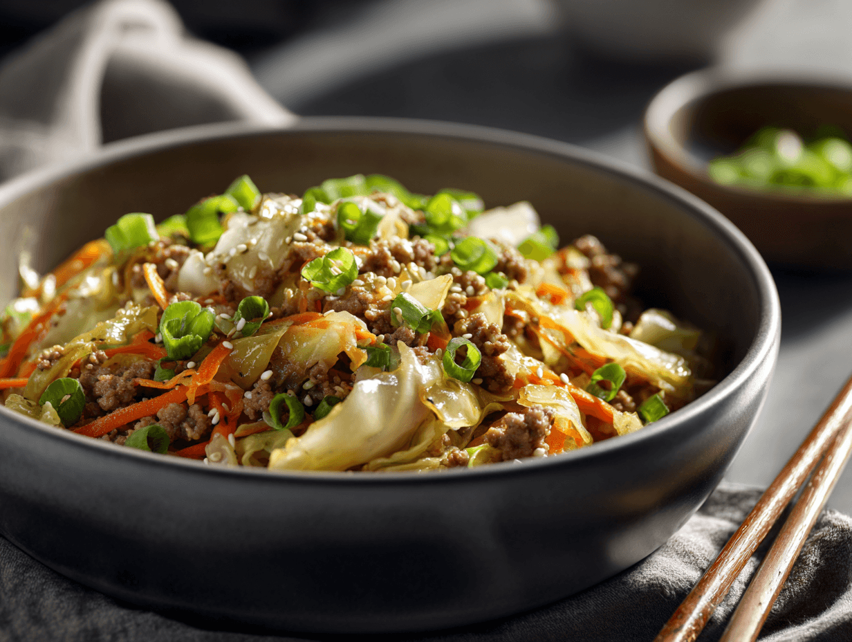 Veggie-Packed Egg Roll in a Bowl with ground turkey and coleslaw mix