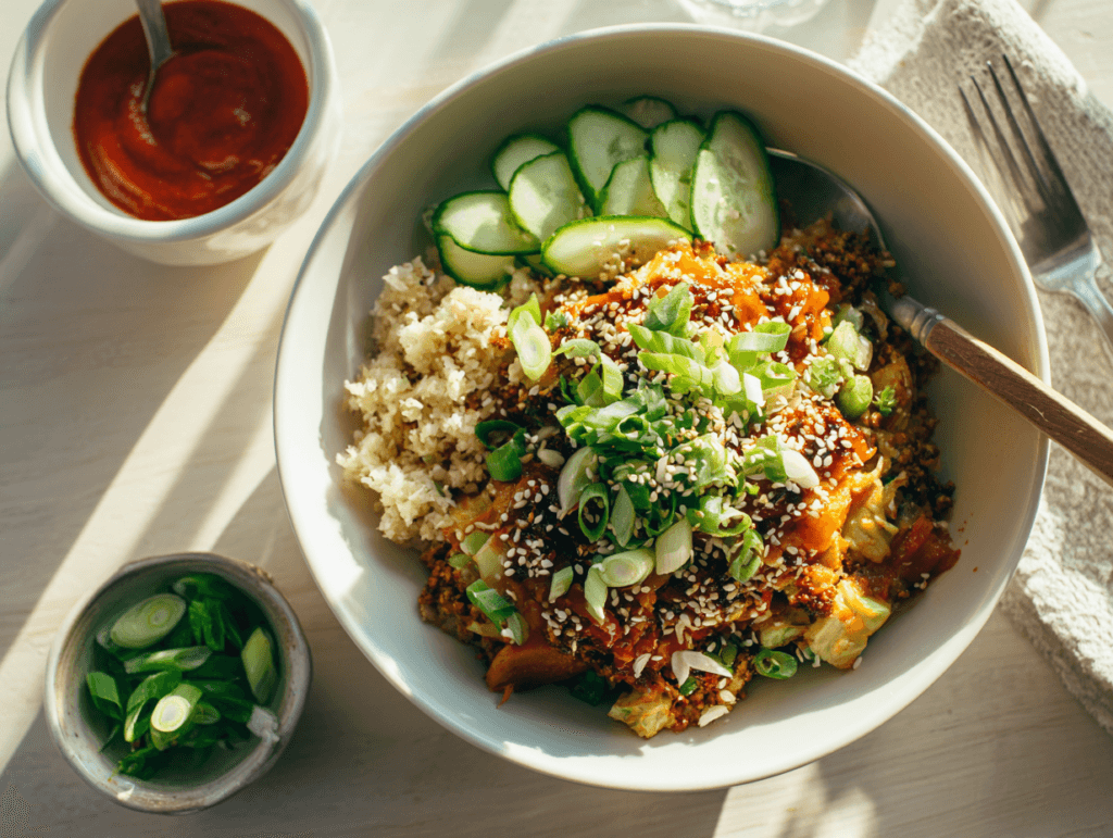 Veggie-Packed Egg Roll in a Bowl served with cauliflower rice