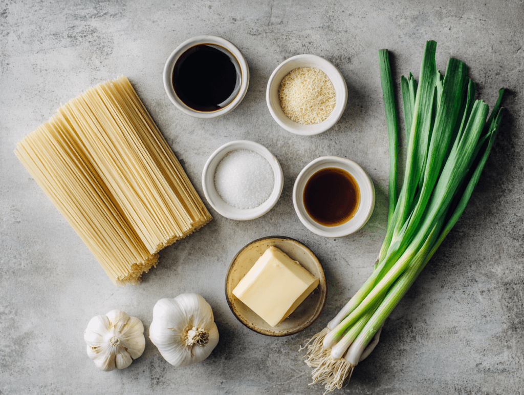 Ingredients for Vietnamese Garlic Noodles including lo mein noodles, garlic, butter, and sauces