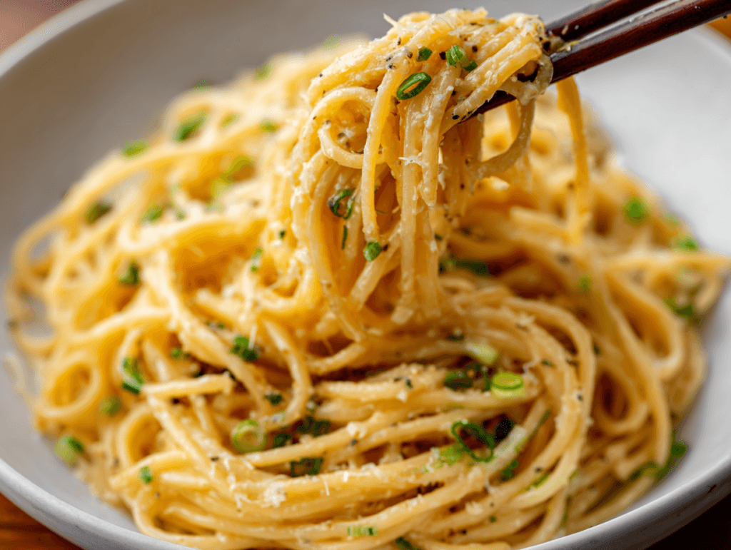 Vietnamese Garlic Noodles lifted with chopsticks showing buttery garlic sauce