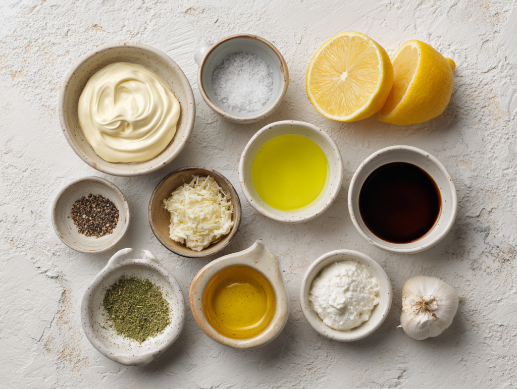 Healthy Caesar Dressing Recipe 2 Healthy Caesar dressing ingredients laid out for the recipe