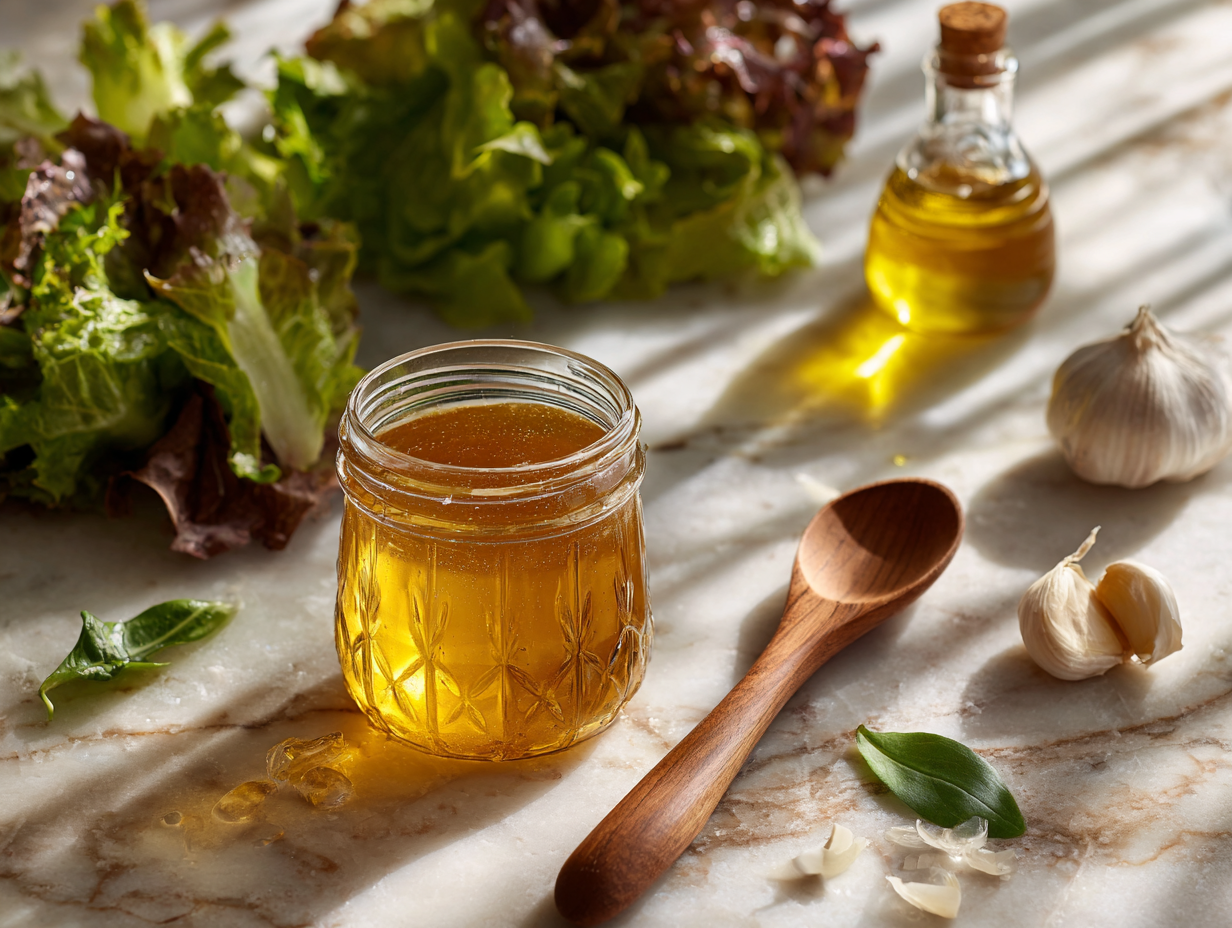Apple Cider Vinegar Dressing Recipe 3 apple cider vinegar dressing in a glass jar with fresh salad ingredients