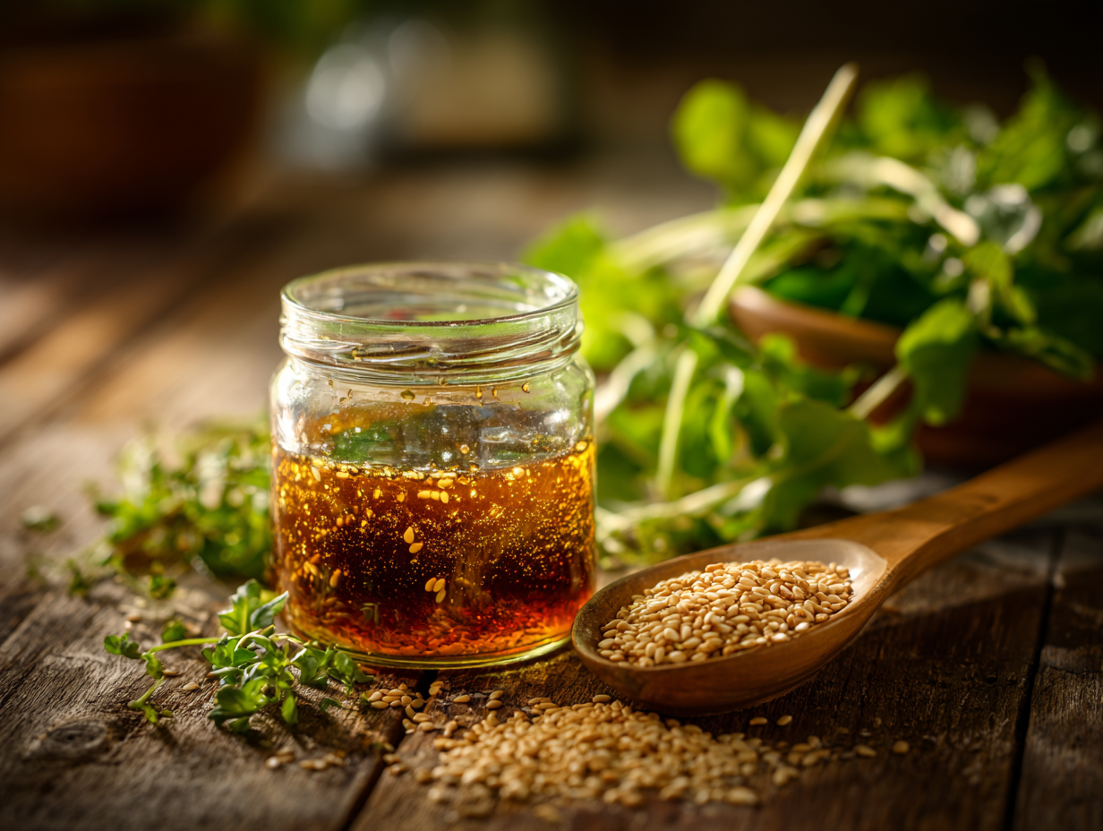 Asian sesame dressing in glass jar with fresh salad ingredients
