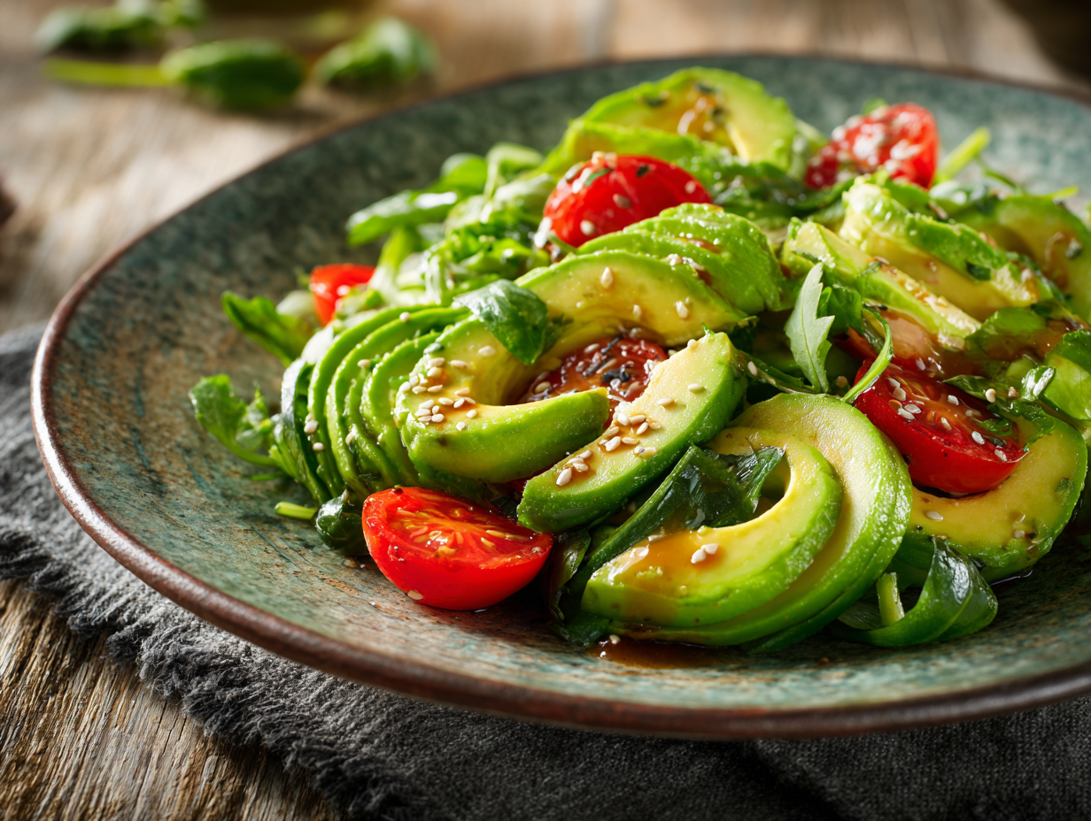 Asian sesame dressing drizzled over fresh salad