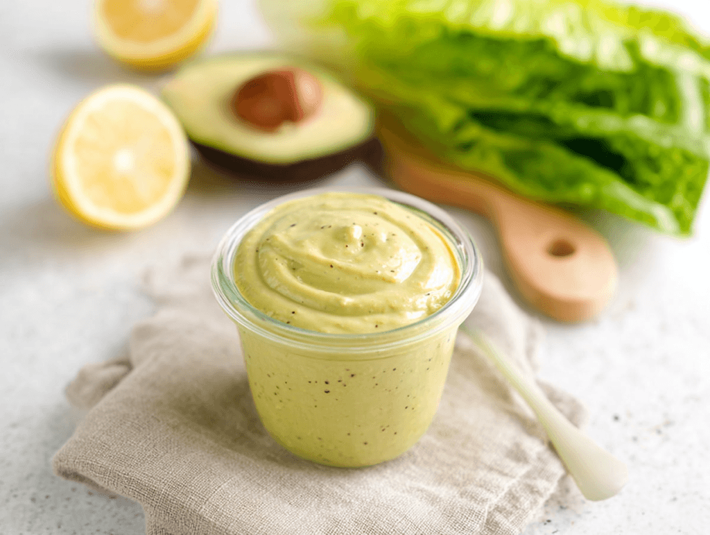 Avocado Caesar Dressing: Creamy, Bright, and Ready in 5 Minutes 3 Avocado Caesar Dressing in a glass jar with romaine, lemon, and avocado