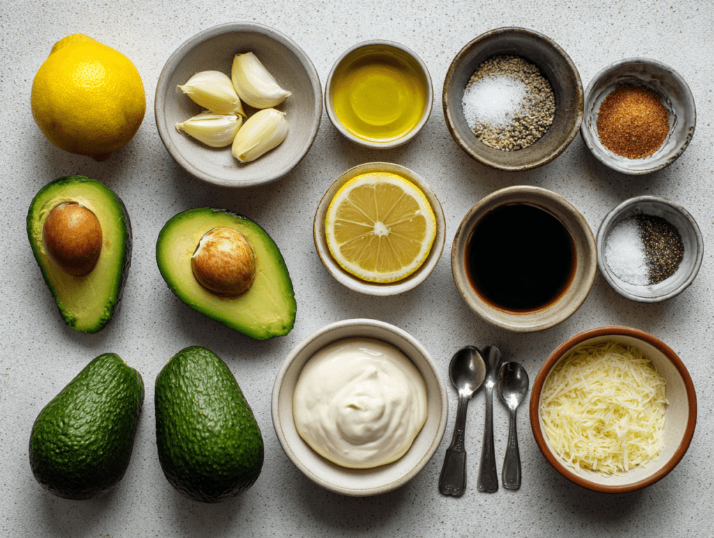 Avocado Caesar Dressing: Creamy, Bright, and Ready in 5 Minutes 2 Ingredients for Avocado Caesar Dressing laid out on a counter