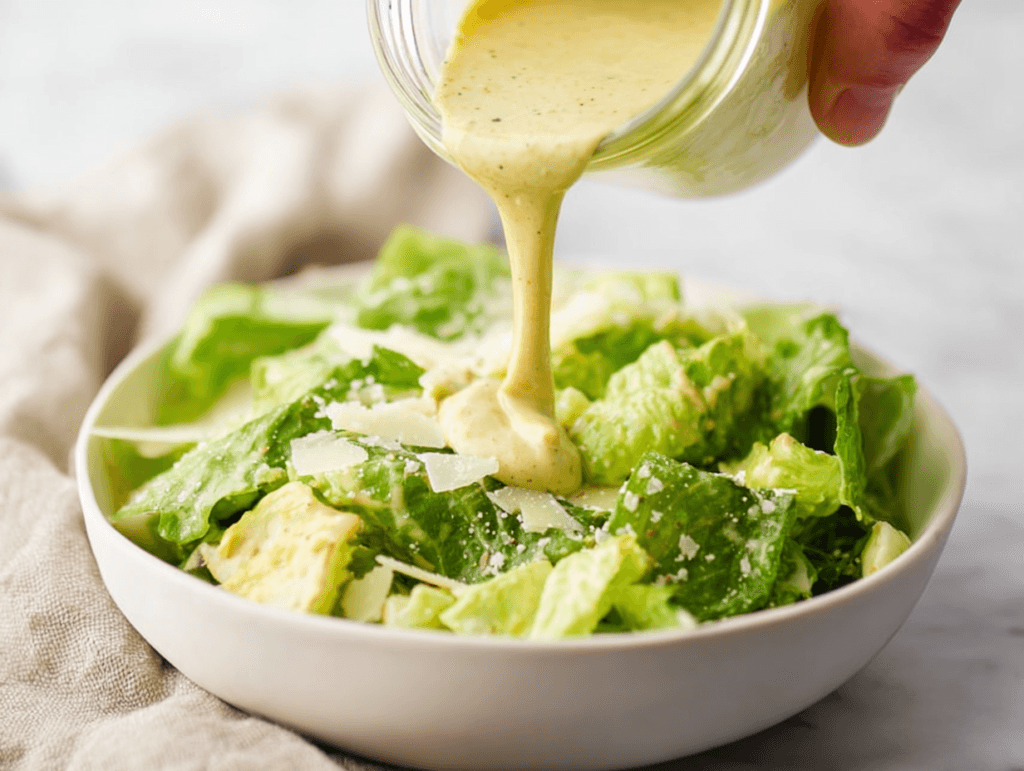 Avocado Caesar Dressing: Creamy, Bright, and Ready in 5 Minutes 5 Avocado Caesar Dressing in a glass jar with romaine, lemon, and avocado