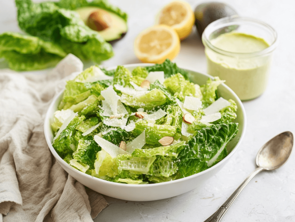 Avocado Caesar Dressing: Creamy, Bright, and Ready in 5 Minutes 4 Pouring Avocado Caesar Dressing over romaine Caesar salad