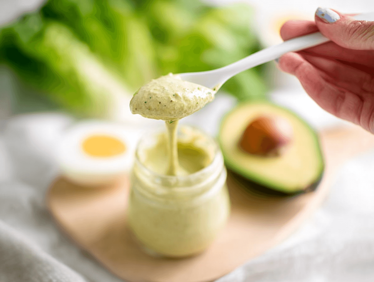 Avocado Caesar Dressing: Creamy, Bright, and Ready in 5 Minutes 6 Avocado Caesar Dressing on a spoon with avocado, egg, and romaine