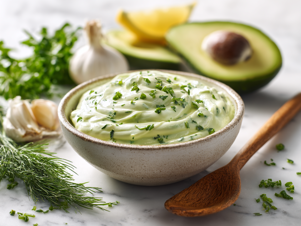avocado ranch dressing in a bowl with fresh herbs and avocado