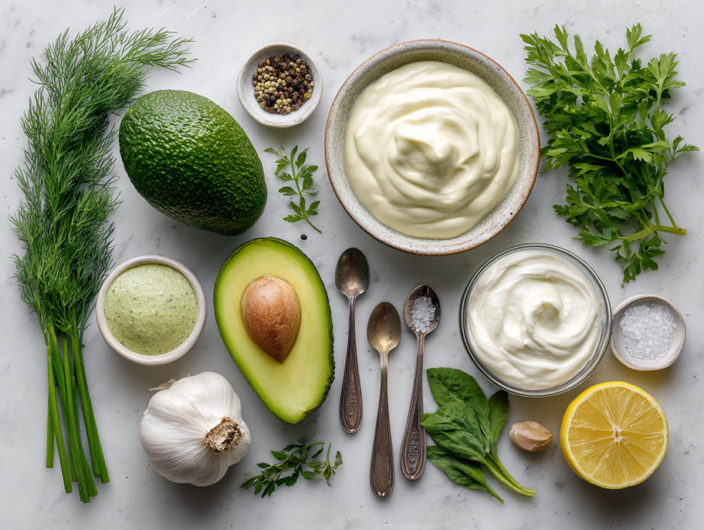 Avocado Ranch Dressing Recipe: Creamy, Fresh, and Easy 2 ingredients for avocado ranch dressing on a marble surface