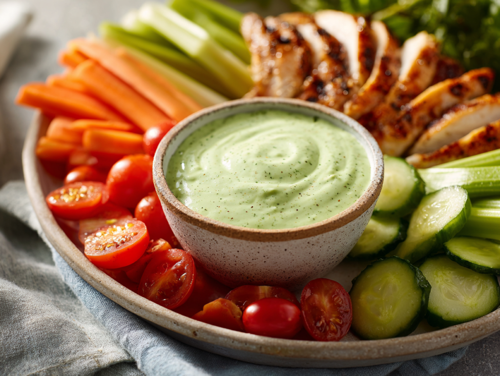 Avocado Ranch Dressing Recipe: Creamy, Fresh, and Easy 3 avocado ranch dressing served with vegetables and grilled chicken