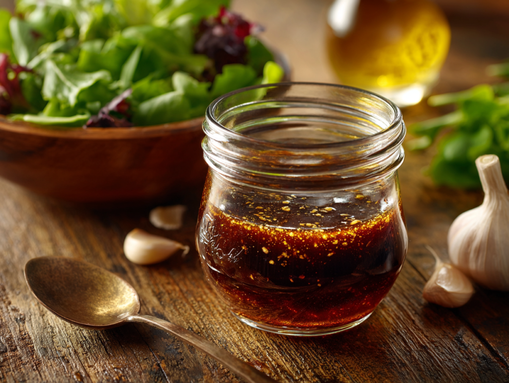 balsamic vinaigrette dressing recipe in a glass jar on a rustic table