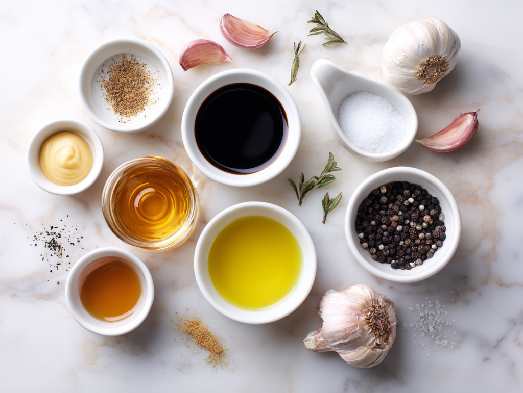 Balsamic Vinaigrette Dressing Recipe Easy Homemade 2 ingredients for balsamic vinaigrette dressing recipe arranged on a marble surface