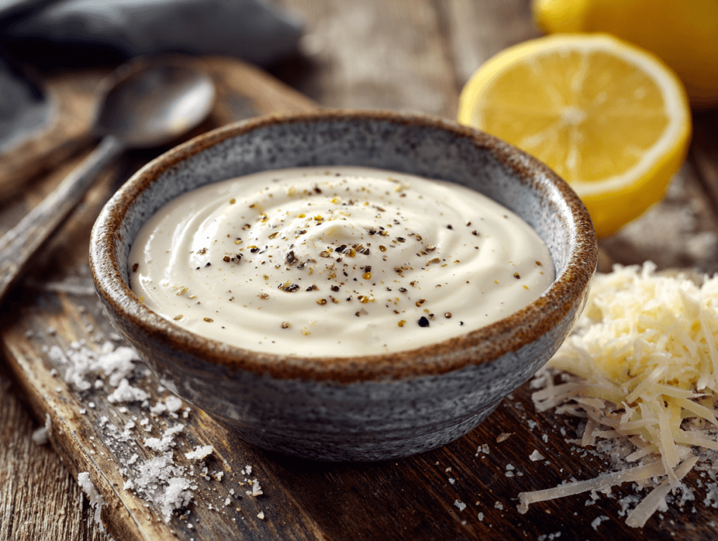 Caesar dressing without anchovies in a bowl with lemon and Parmesan