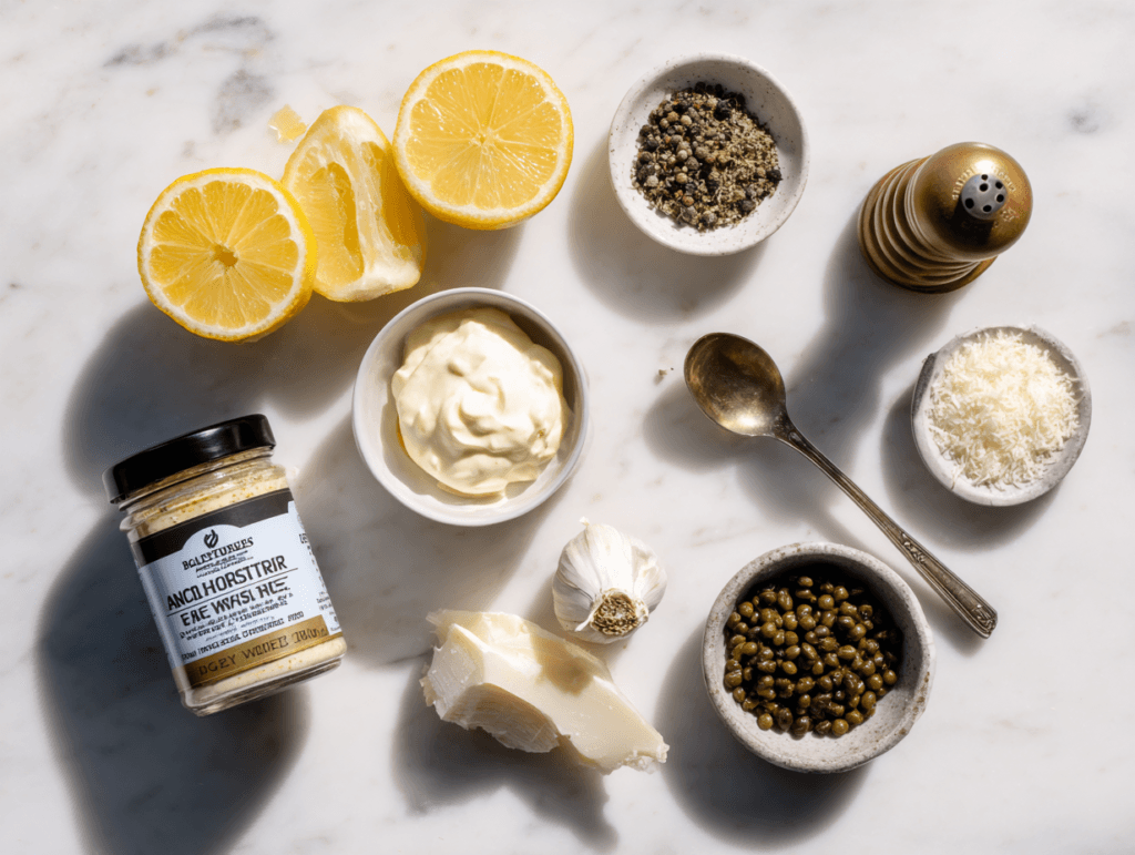 Ingredients for Caesar dressing without anchovies laid out on a counter