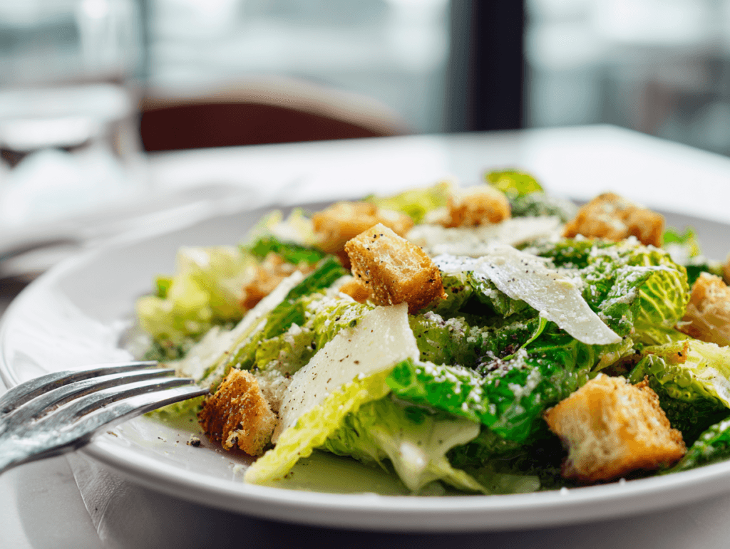 Caesar salad served with Caesar dressing without anchovies