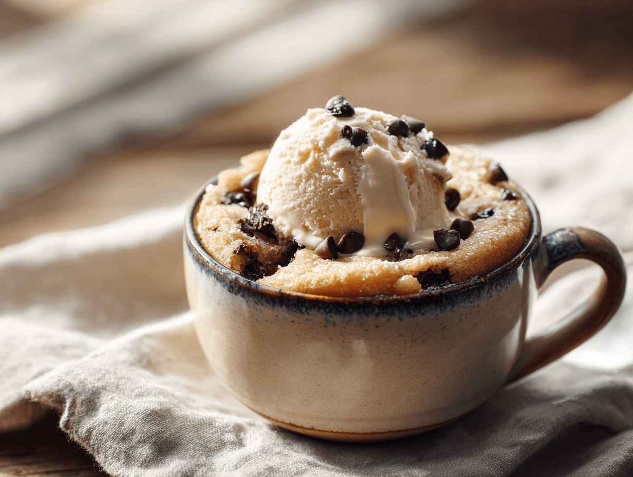 chocolate chip mug cake with vanilla ice cream