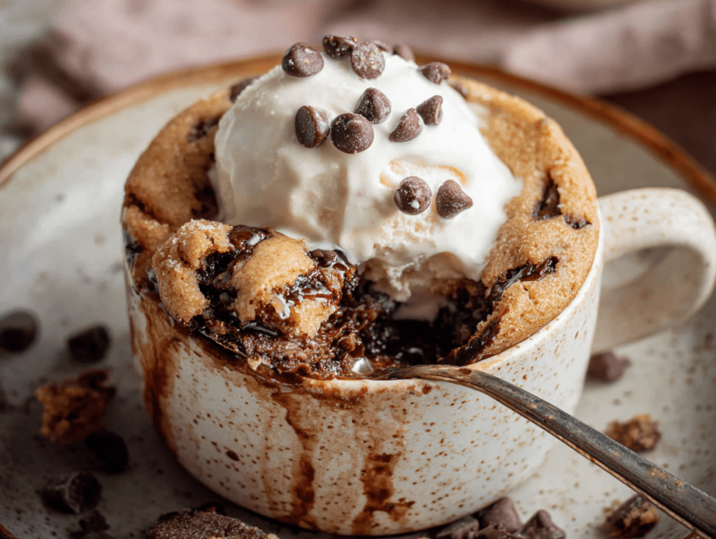 serving chocolate chip mug cake with ice cream