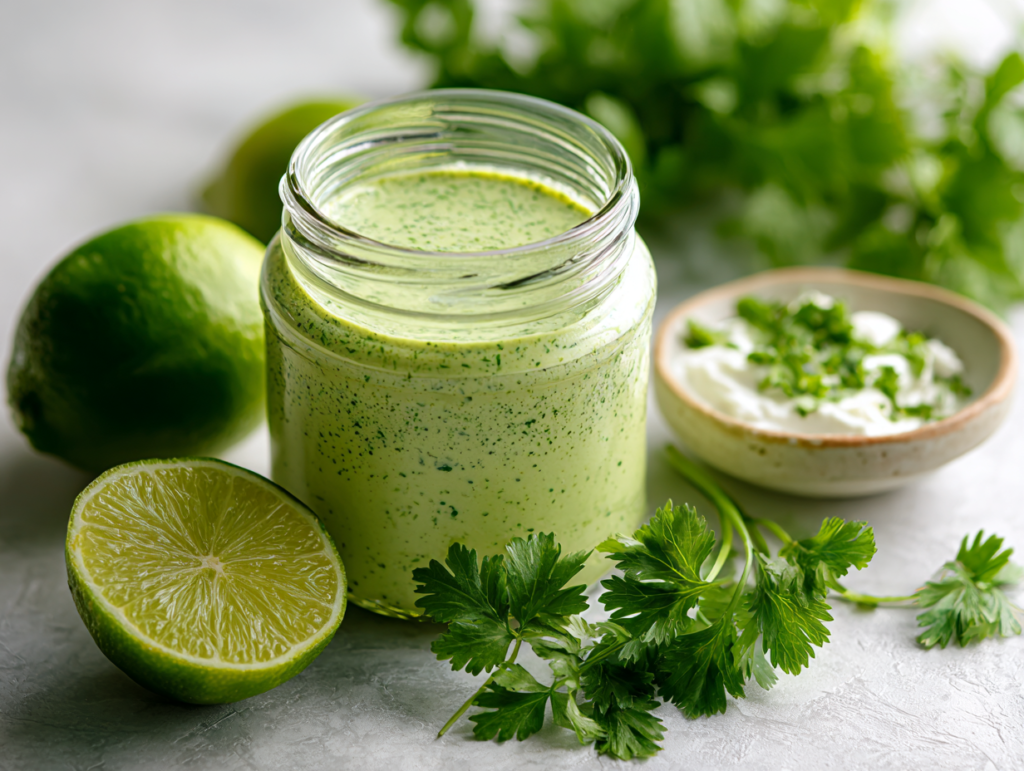 cilantro lime salad dressing in a glass jar with fresh cilantro and lime
