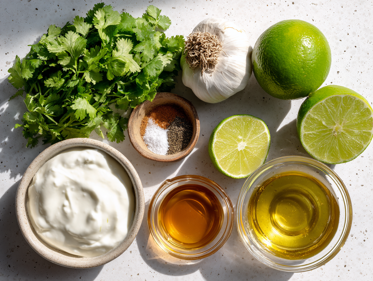 cilantro-lime-salad-dressing-ingredients ingredients for cilantro lime salad dressing with cilantro lime and Greek yogurt