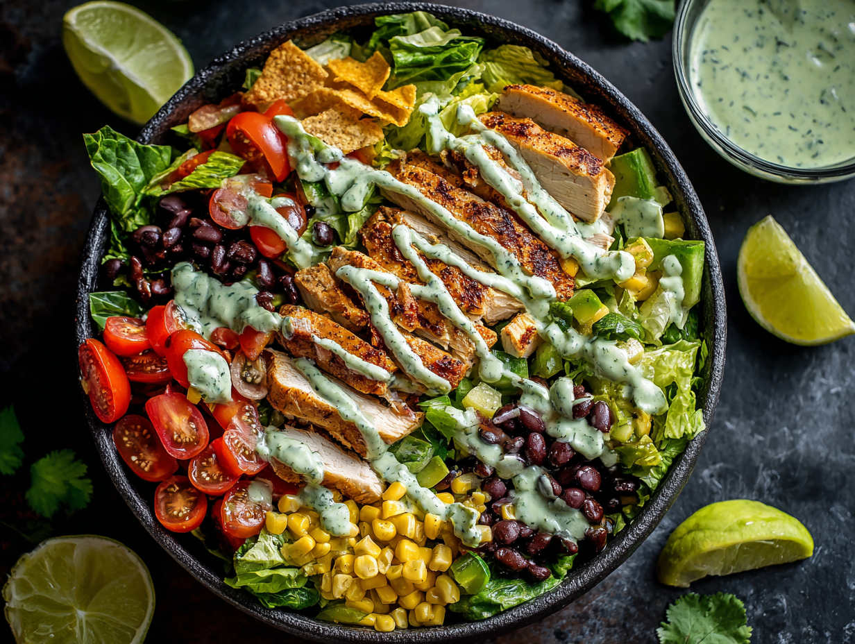 cilantro-lime-salad-dressing-serving cilantro lime salad dressing drizzled over taco salad