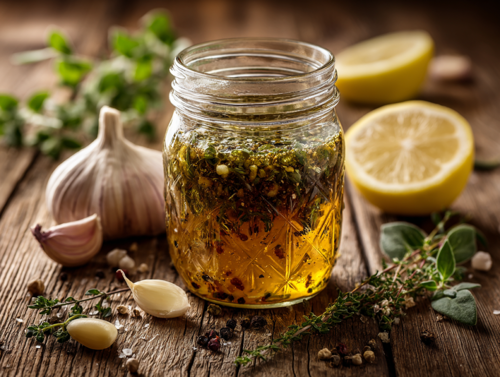 Classic Italian dressing in glass jar with herbs