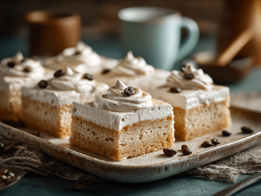 Coffee Tres Leches cake sliced into squares with whipped cream