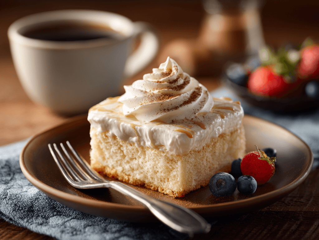 Coffee Tres Leches slice served on a plate with coffee