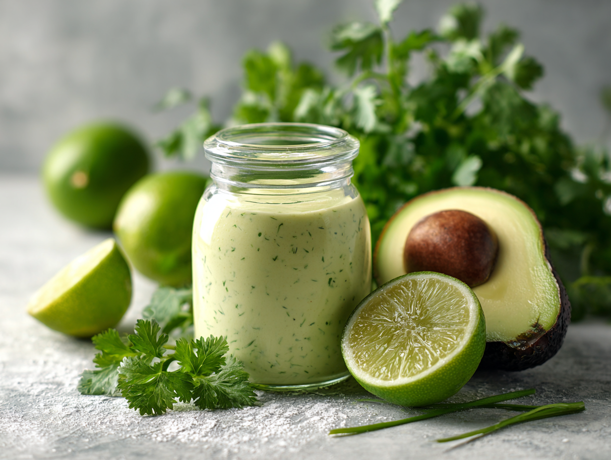 Creamy Avocado Lime Dressing Recipe 4 Creamy Avocado Lime Dressing in a glass jar with fresh avocado and lime