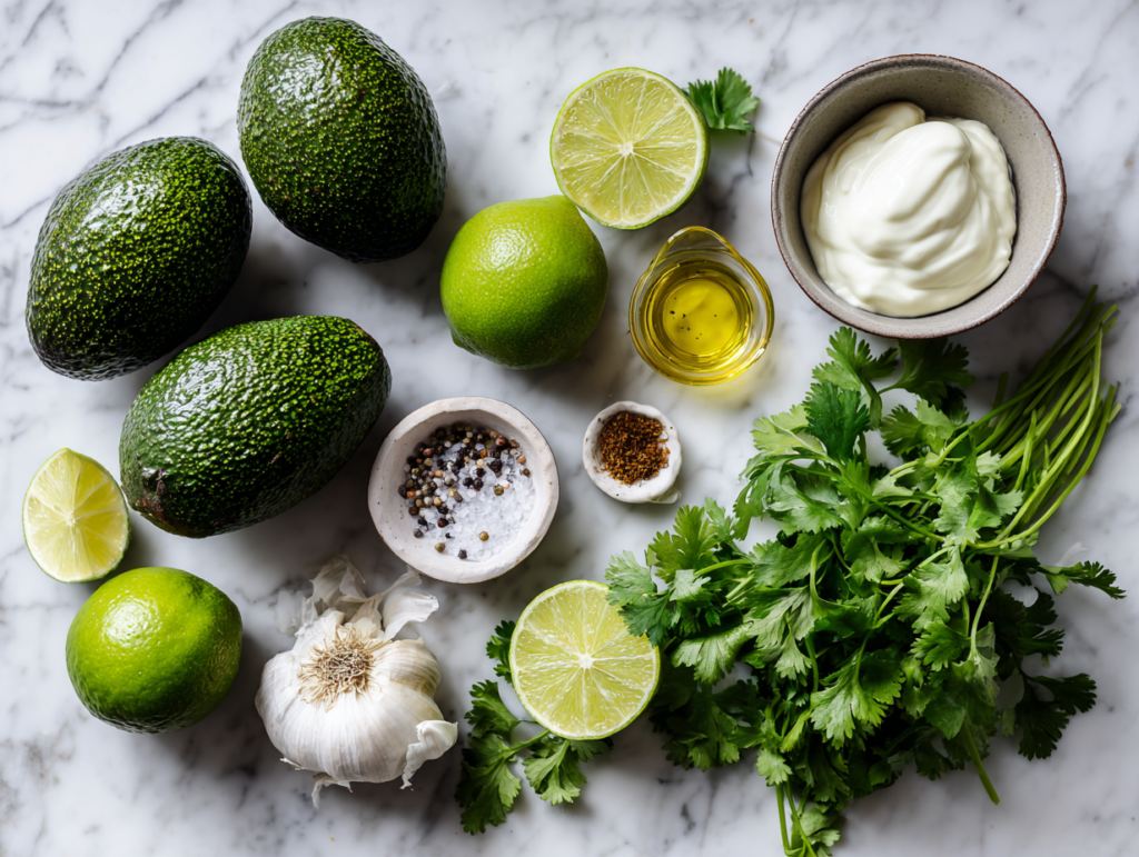 Creamy Avocado Lime Dressing Recipe 2 Ingredients for Creamy Avocado Lime Dressing arranged on a marble surface